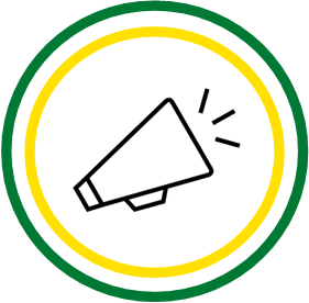 green outer circle yellow inner circle with megaphone on the inside 